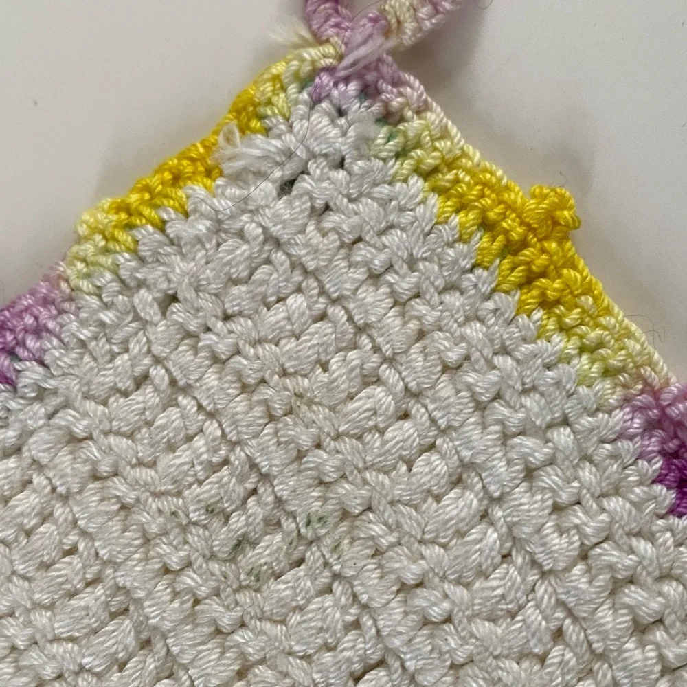 Vintage Hand Crochet Pansy Potholder Ivory Purple Yellow Green